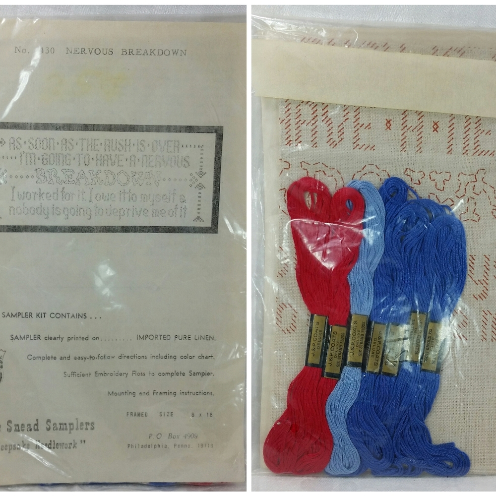 Jane Snead Samplers 'Nervous Breakdown' Stamped Linen Embroidery KIT 430, NOS